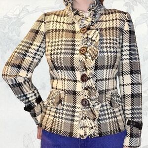 Etcetera Black and Cream Plaid Ruffle Blazer